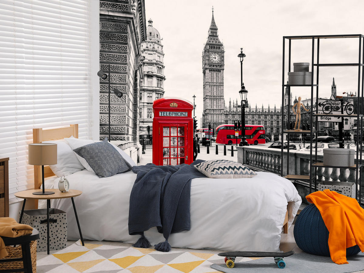 FOTOTAPETE für Wohnzimmer Rote Telefonzelle London BIG BEN Bus 400x280 - Beige/Rot, Papier (400/280cm) - Muralo
