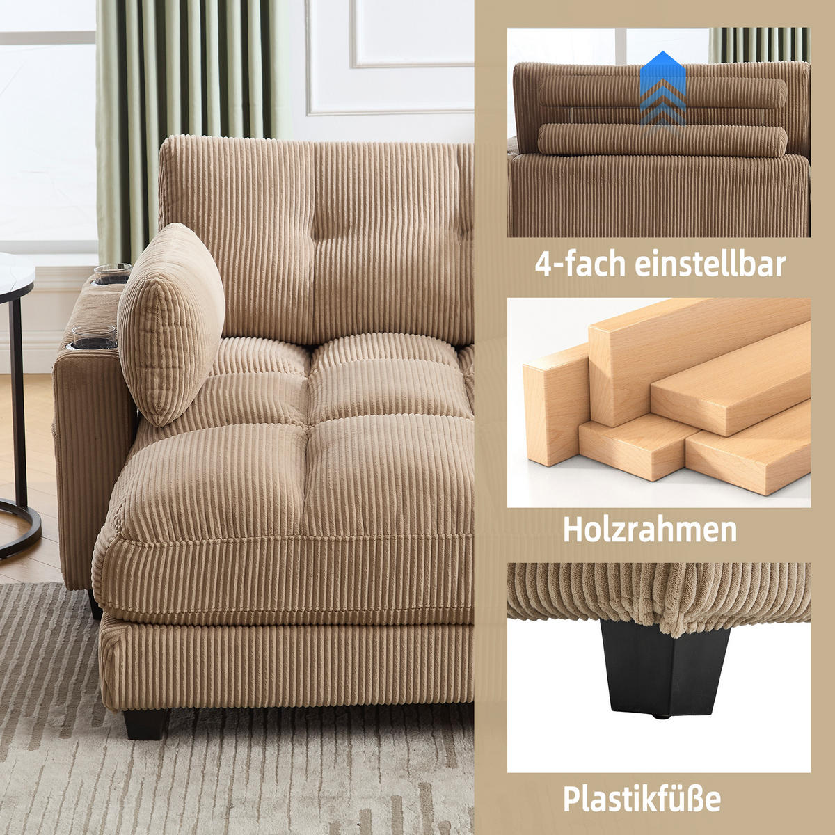 RÉCAMIERE Cord Khaki mit USB, Becherhaltern und Seitentasche - Hellbraun, Holzwerkstoff/Kunststoff (140/81/121cm) - WISHDOR