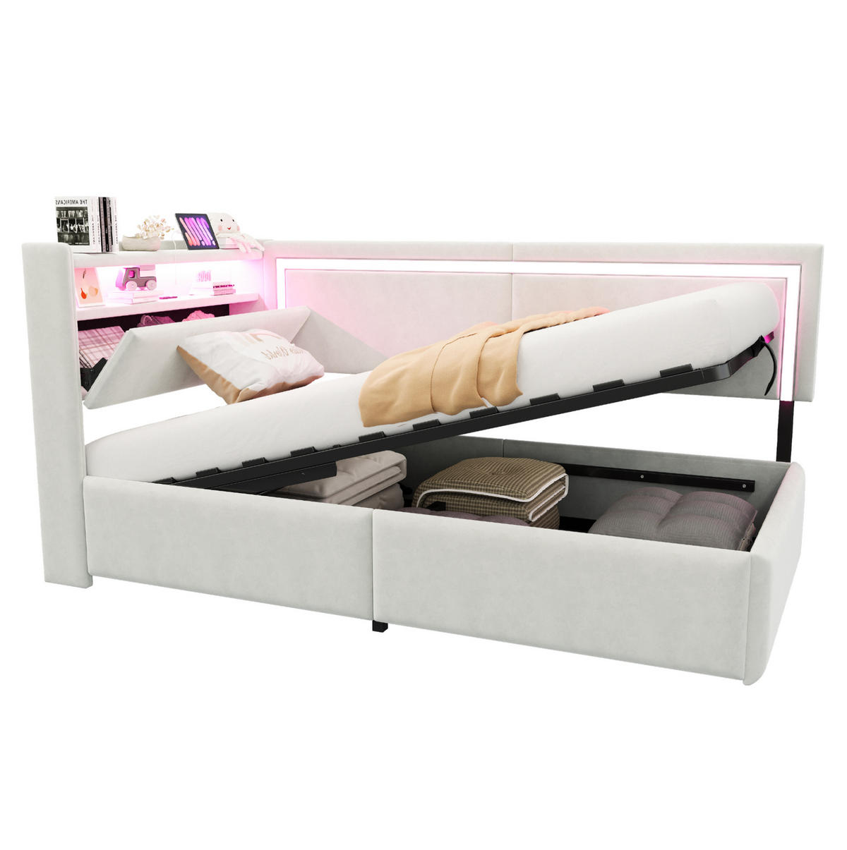 ROZKLADACIA posteľ 90/200 cm béžová zo zamatu s LED osvetlením USB portmi a úložným priestorom - béžová, textil (90/200cm) - OKWISH