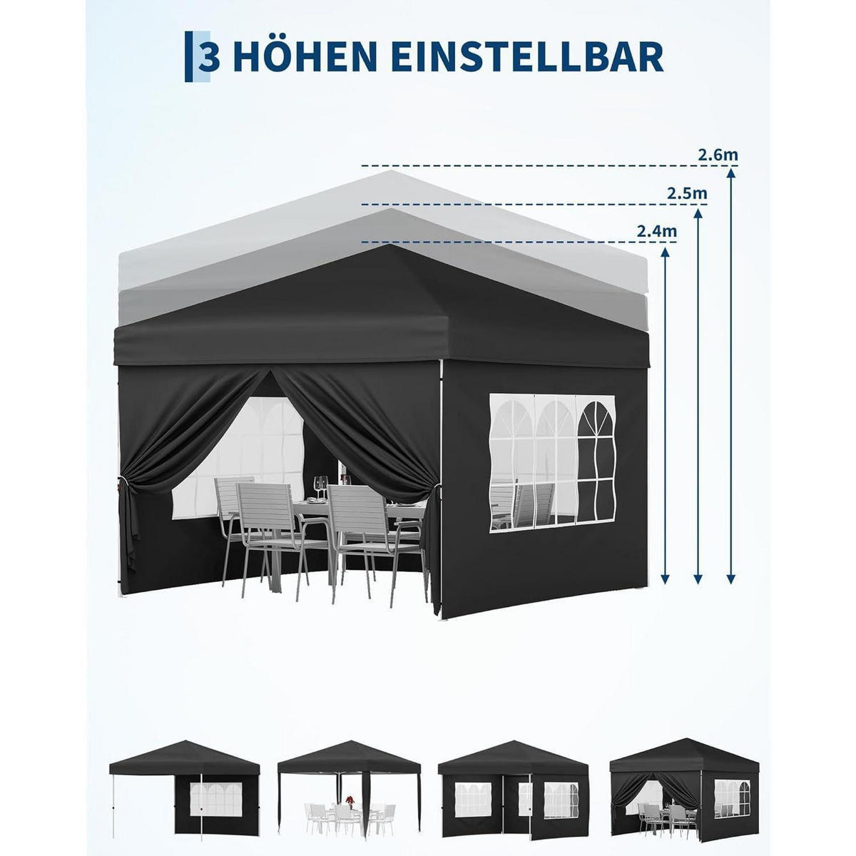FALTPAVILLON 3x3 m wasserdicht mit 4 Seitenwänden Schwarz - Schwarz, Textil (300/260/300cm)