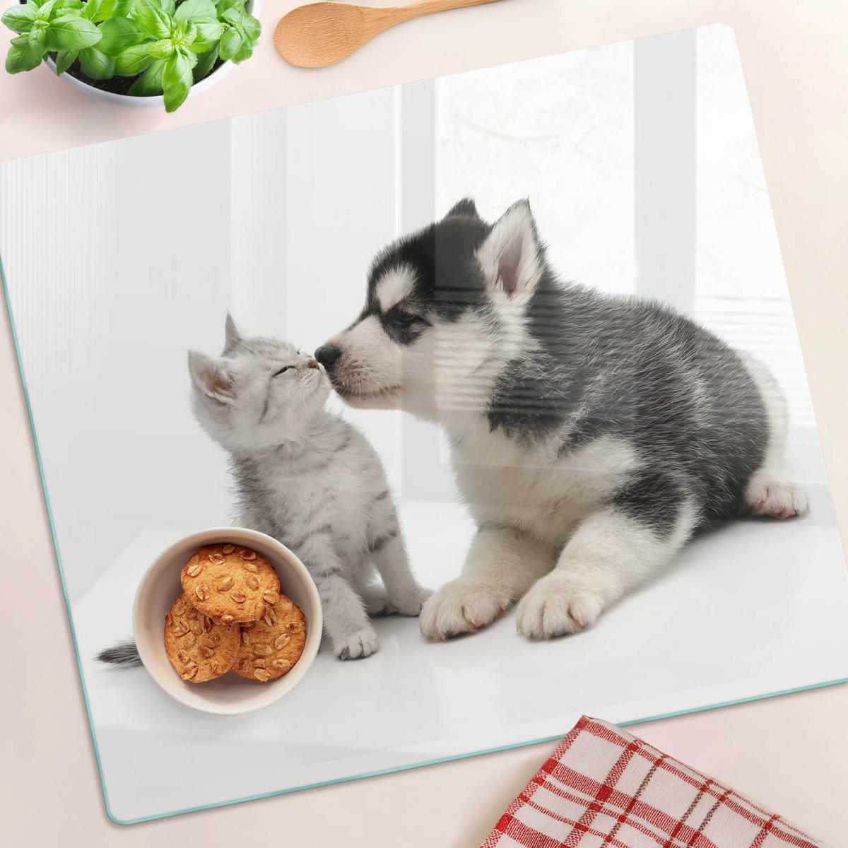 GLASPLATTE 60x52 cm Hund und Katze - Braun/Grün, Glas (60/52cm) - TULUP