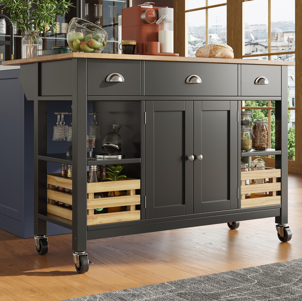 KÜCHENINSEL 120/45/90 cm schwarz natur mit klappbaren Seiten - Schwarz, Holzwerkstoff (120/90/73cm) - OKWISH
