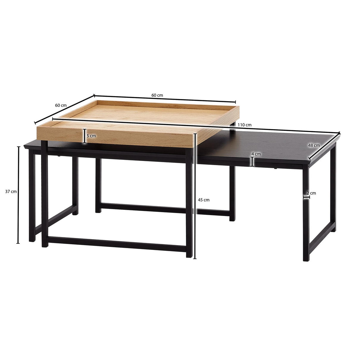 COUCHTISCH 2er Set Holz Metall Ineinanderschiebbar SILVANUS, Schwarz 110x60x45 cm - Schwarz, Holz/Metall (60/110/45cm) - KADIMA DESIGN