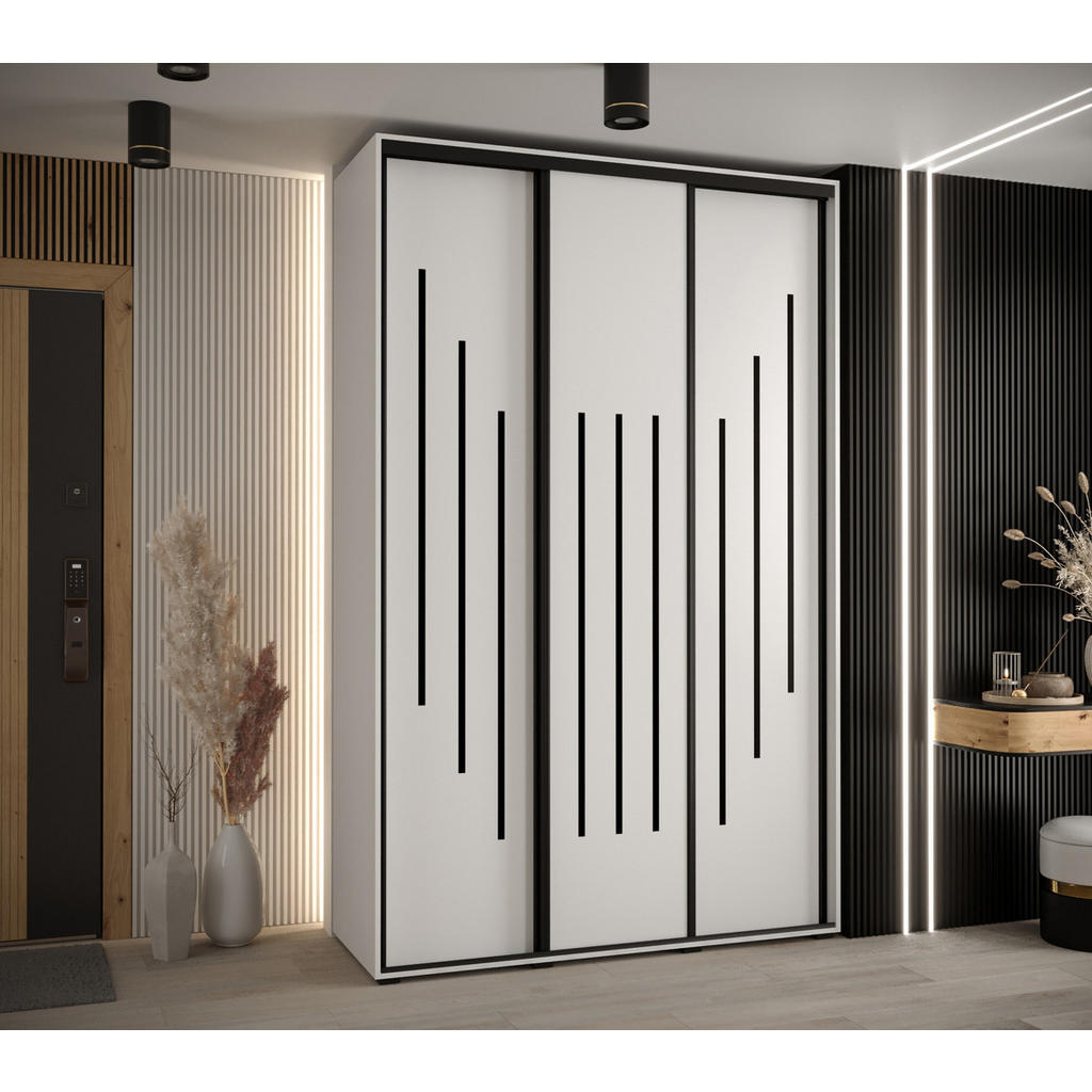 Thumbnail - Abiks Möbel Schwebetürenschrank, Weiß, Weiß, Schwarz, Metall, Nachbildung, 6 Fächer, 150x235x60 cm, Schlafzimmer, Kleide...