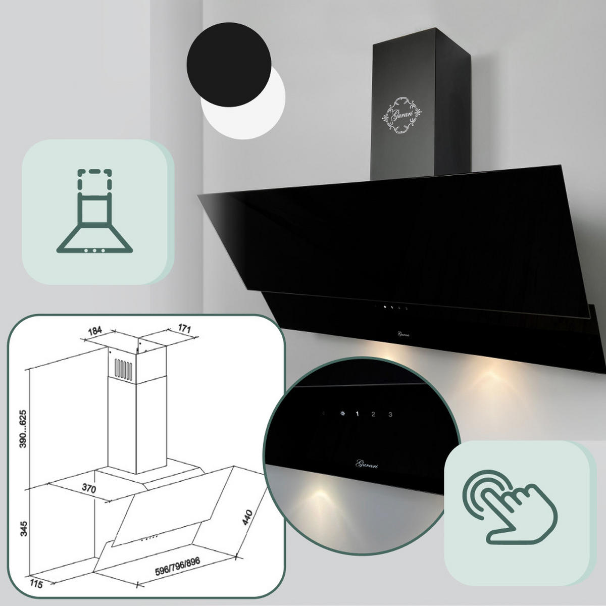 DUNSTABZUGSHAUBE GCH D 268 BL 8 Prime N 80 cm Schwarz - Schwarz, Glas/Metall (80/96/40cm) - Gurari