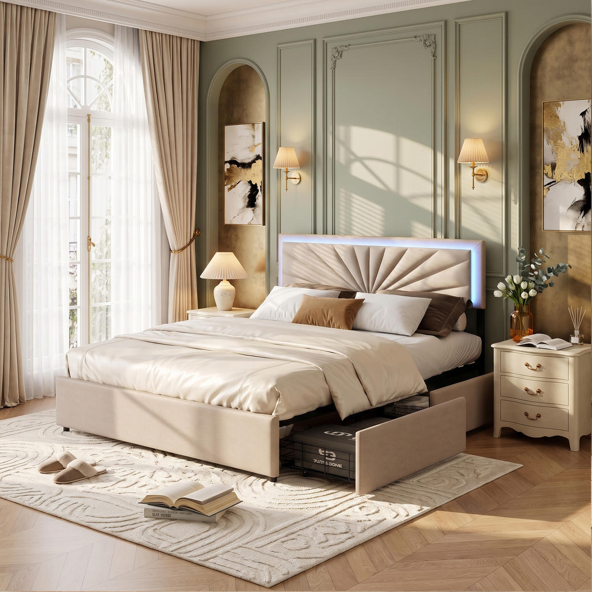 POLSTERBETT 160x200 cm mit Stauraum, Doppelbett 160 x 200 mit LED-Beleuchtung, 4 Schubladen, Lattenrost, beige Leinenstoff - Beige, Holz/Holzwerkstoff (160/200cm) - GENKI LIVING