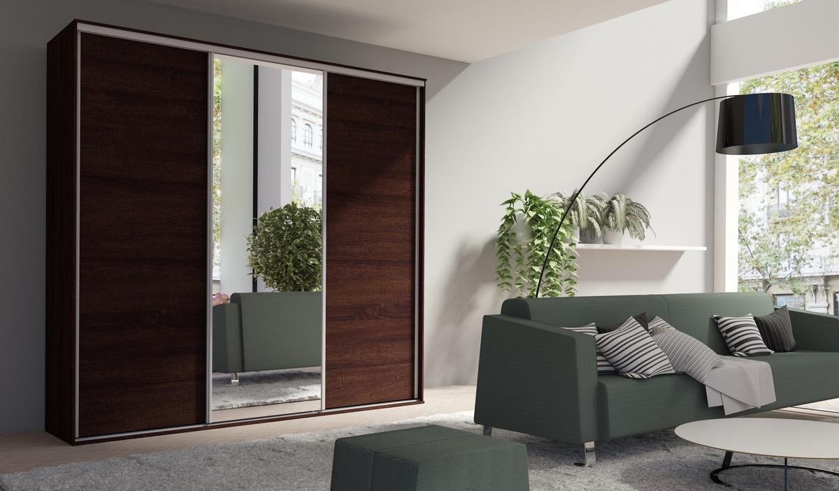 SCHIEBETÜRENSCHRANK - Kleiderschrank BORA 254 mit Spiegel - Schokolade - Braun, Holzwerkstoff (254/244/62cm) - Möblo