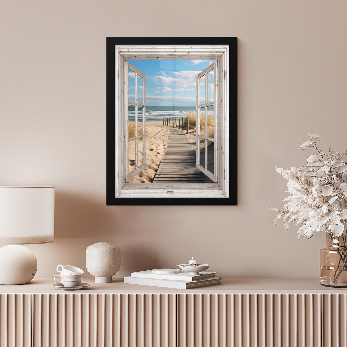 GERAHMTES BILD Fenster - Meer - Küste - Natur - Ausblick - Strand - Wattenmeer 30x40 cm - Beige, Papier (30/40cm) - MuchoWow