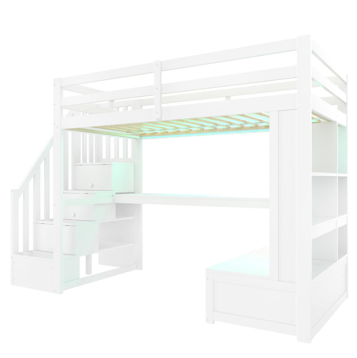 HOCHBETT mit Schreibtisch 90/200 cm in Weiß – mit Regalen, Schubladen und Treppe - Weiß, Holzwerkstoff (90/200cm) - BEAOK