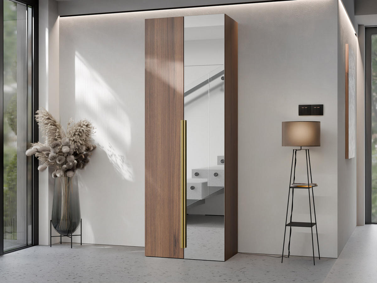 KLEIDERSCHRANK Kerkin 2D mit Spiegel - Goldfarben/Nussbaumfarben, Holzwerkstoff/Kunststoff (70/200/42cm) - MIRJAN24