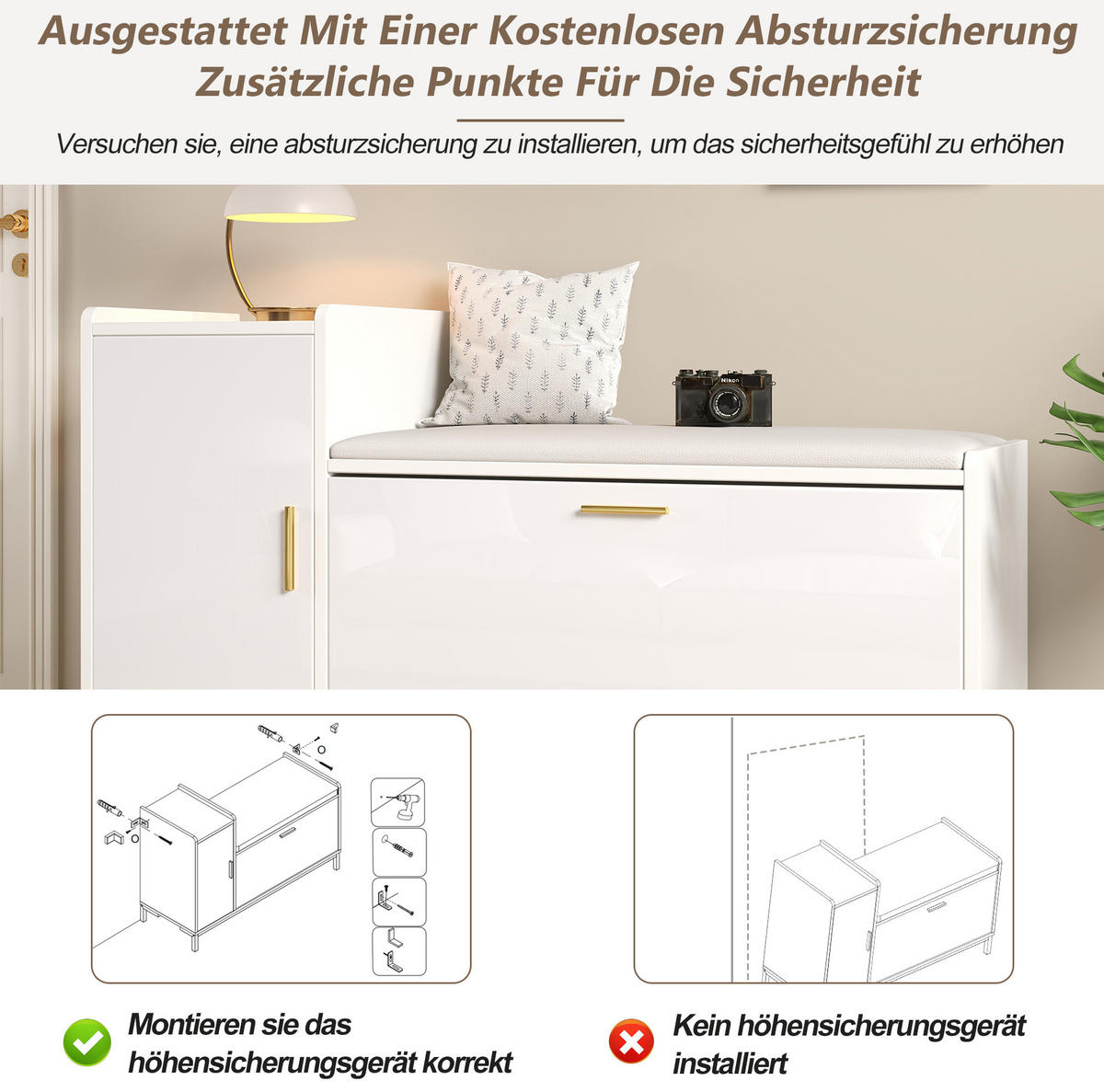 SCHUHSCHRANK 100/68/38 cm Weiß/Gold aus Spanplatte und Metall mit Sitzkissen - Weiß, Holzwerkstoff (100/68/38cm) - OKMYHOME