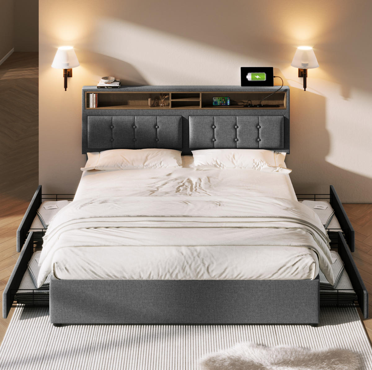 POLSTERBETT 160/200 cm grau mit höhenverstellbarem Kopfteil und 4 Schubladen - Grau, Textil (160/200cm) - OKWISH