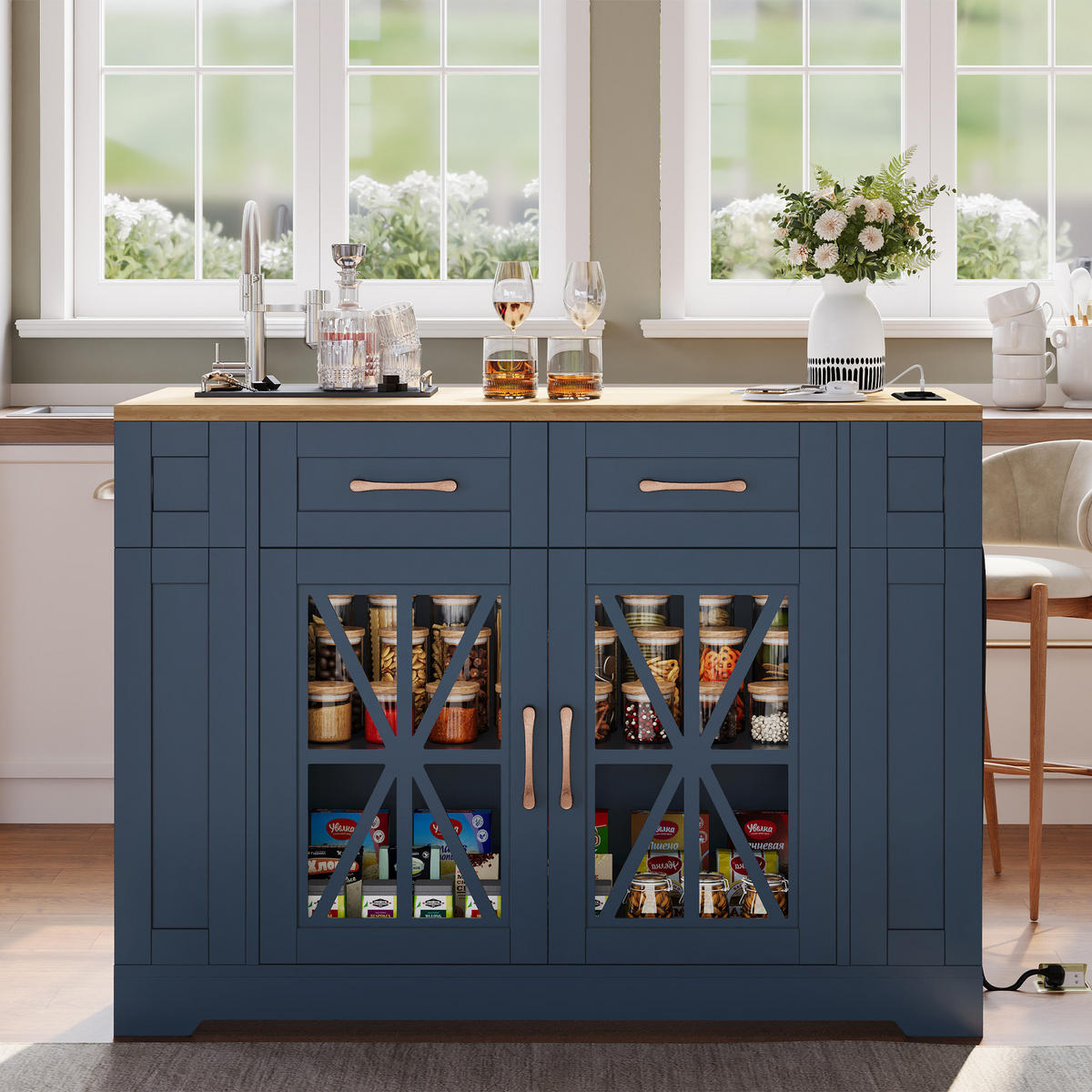 KÜCHENINSEL Blau-Natur 120/65/92 cm - Blau, Holzwerkstoff (120/92/65cm) - PANGIVO