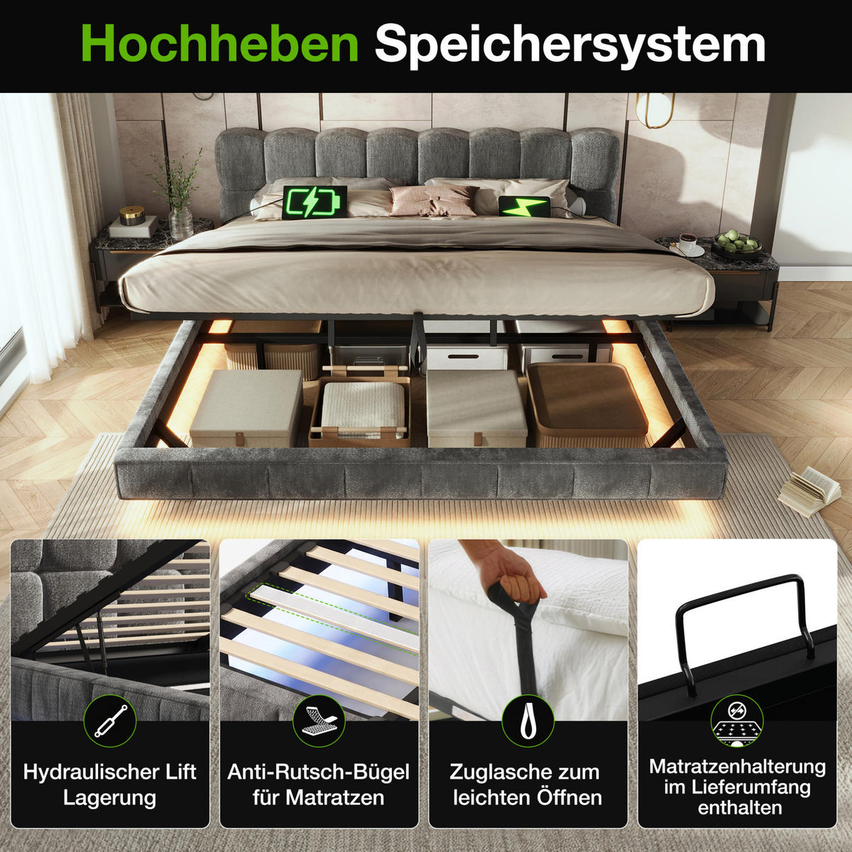 POLSTERBETT aus Chenille 140x190 cm Grau mit Bettkasten, LED und USB-/Typ-C-Anschlüssen - Grau, Textil (140/190cm) - Modfu
