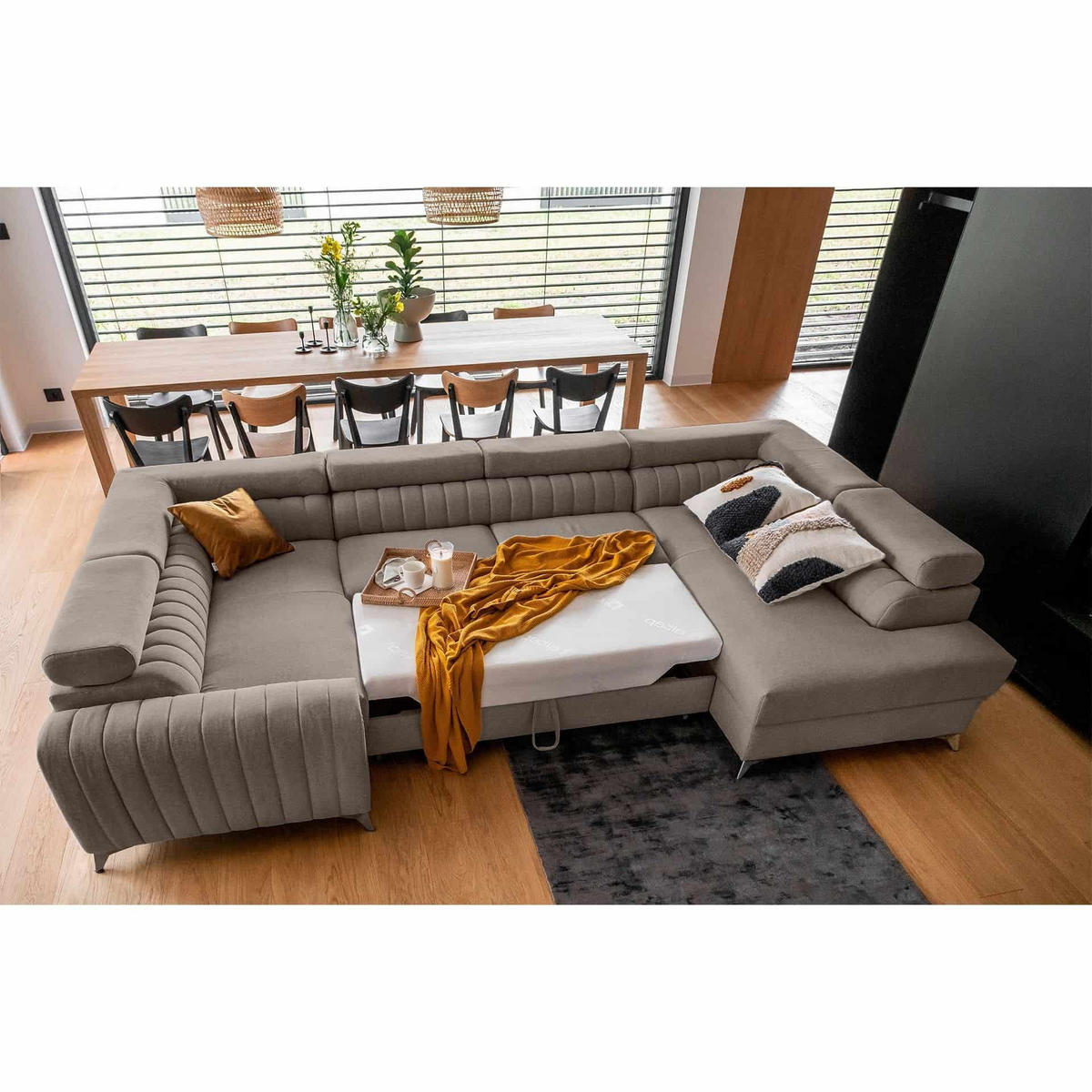 WOHNLANDSCHAFT mit Schlaffunktion und Bettkasten - Taupe/Silberfarben, Textil/Metall (347/92/202cm) - Eltap