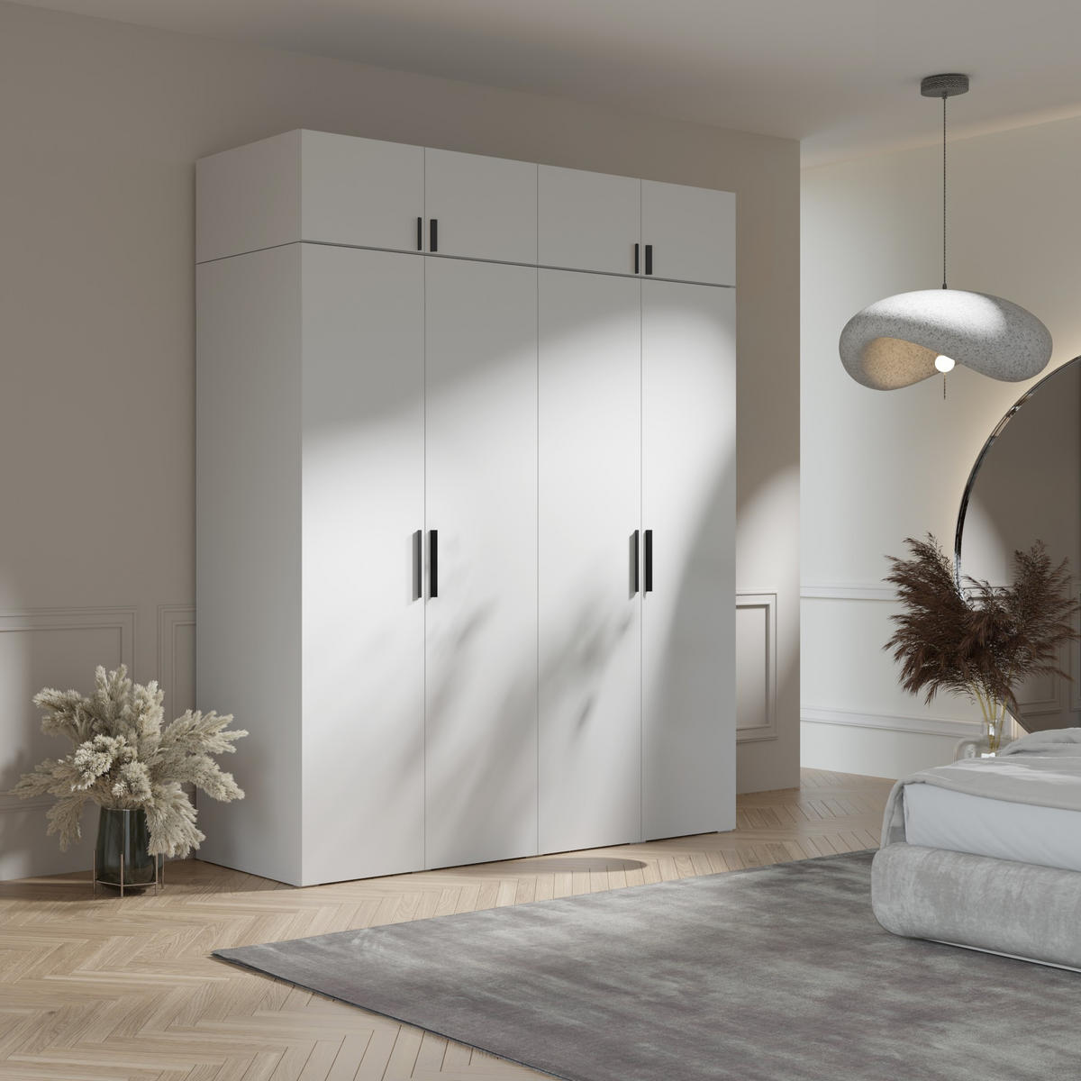 DREHTÜRENSCHRANK mit Aufsatz Napoli 4D 200 Weiß (schwarzer oder goldener Griff) - Silberfarben/Schwarz, Holzwerkstoff/Kunststoff (200/35/60cm) - mzm24