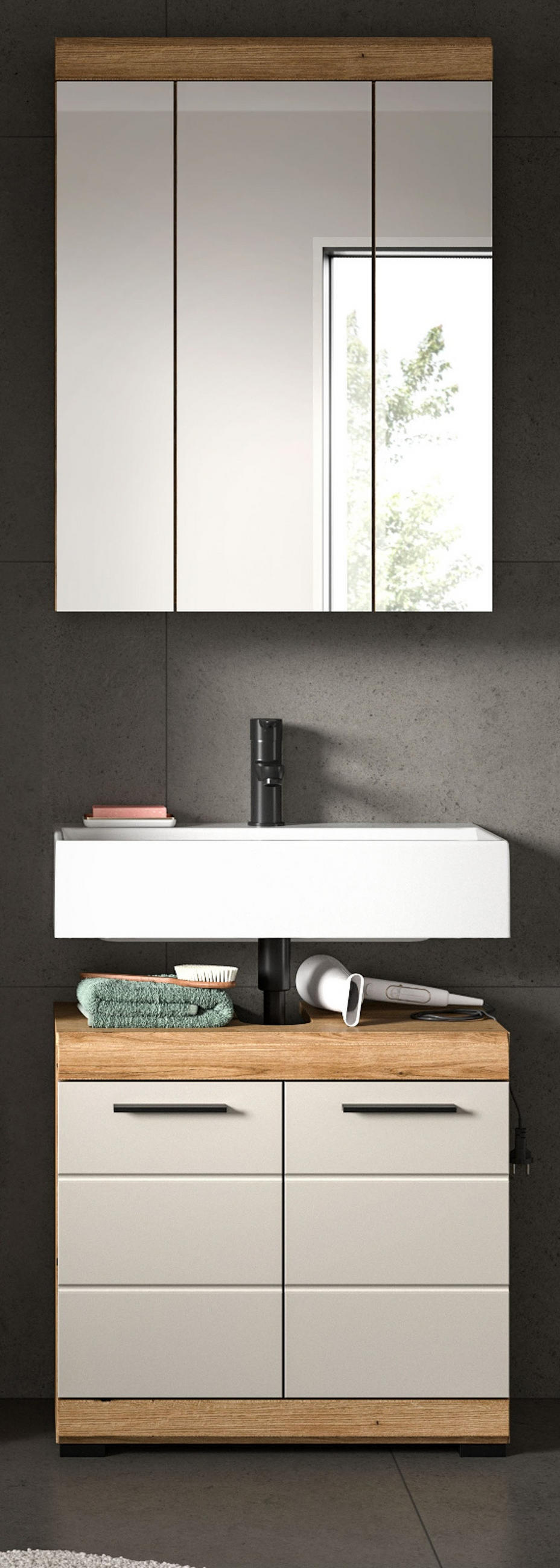 BADMÖBEL-SET 2-teilig Sand Kaschmir, Evoke Eiche, Badkombination 60 x 191 cm - Kaschmir/Eichefarben, Glas/Holzwerkstoff (60/191/34cm) - Inn.Furn