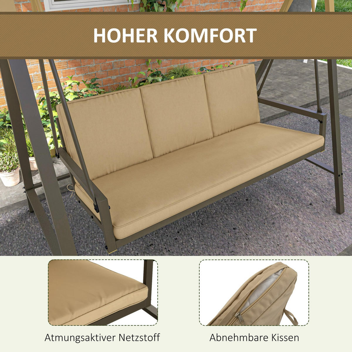 HOLLYWOODSCHAUKEL aus Polyester in Beige mit kippbarem Sonnendach - Beige, Textil (125/175/200cm) - Modfu