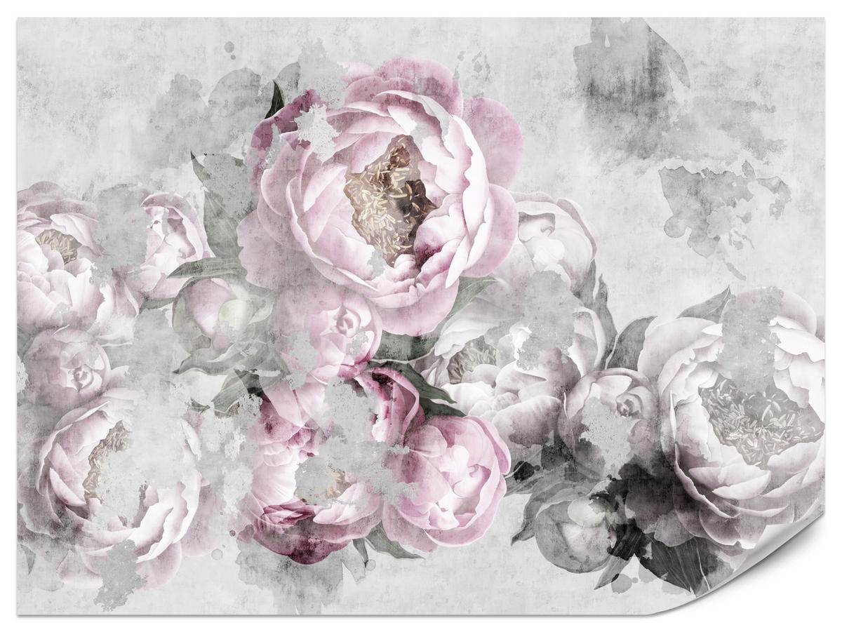 FOTOTAPETE für Küche Abstrakte Pink Pfingstrosen Beton Vintage 200x140 - Rosa/Grau, Papier (200/140cm) - Muralo