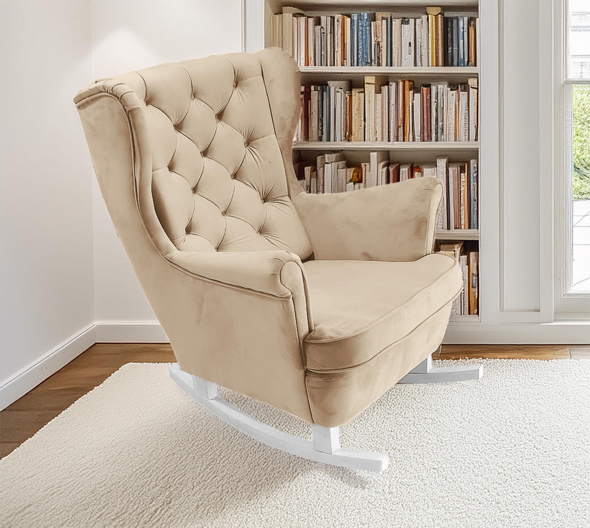 SCHAUKELSESSEL mit gepolstertem Sitz und Armlehnen, 102x81x95 cm, Beige_29802 - Beige/Weiß, Holz/Textil (81/102/95cm) - DomoHome