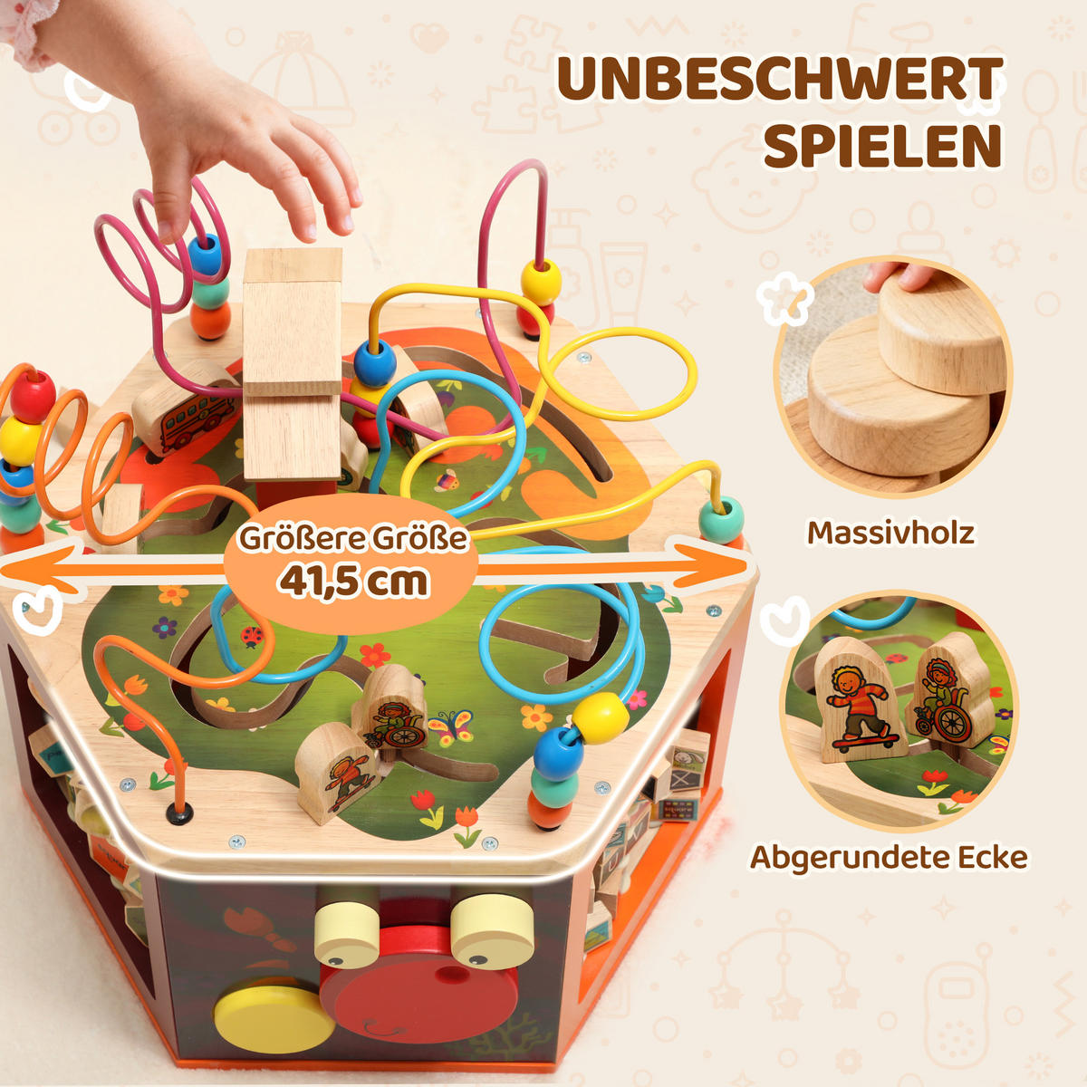 MOTORIKWÜRFEL, 8-in-1 Aktivitätswürfel mit Motorikschleife Perlenlabyrinth - Multicolor, Holzwerkstoff (37.5/37.5/41.5cm) - AIYAPLAY