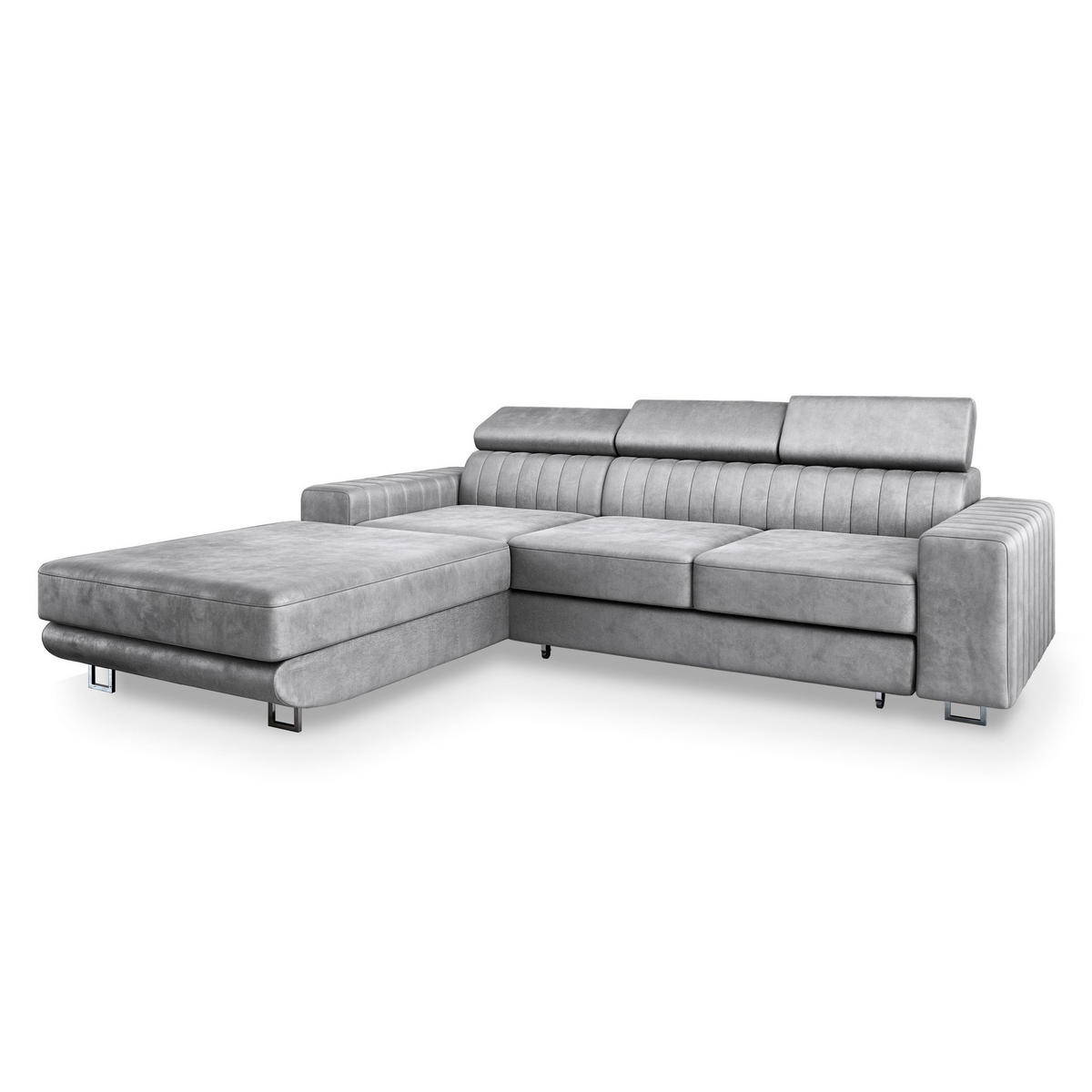 ECKSOFA NOTO L-S Hellgrau Velours-Stoff mit Schlaffunktion - Hellgrau, Holz (267/190cm) - MASSENO