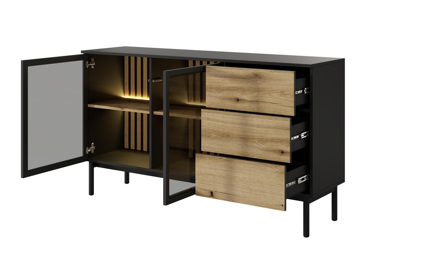 KOMMODE Lango 150 Schwarz mit Eiche Evoke, Kombikommoden mit Led-Beleuchtung - Schwarz, Holzwerkstoff (150/85/39cm) - Bettso