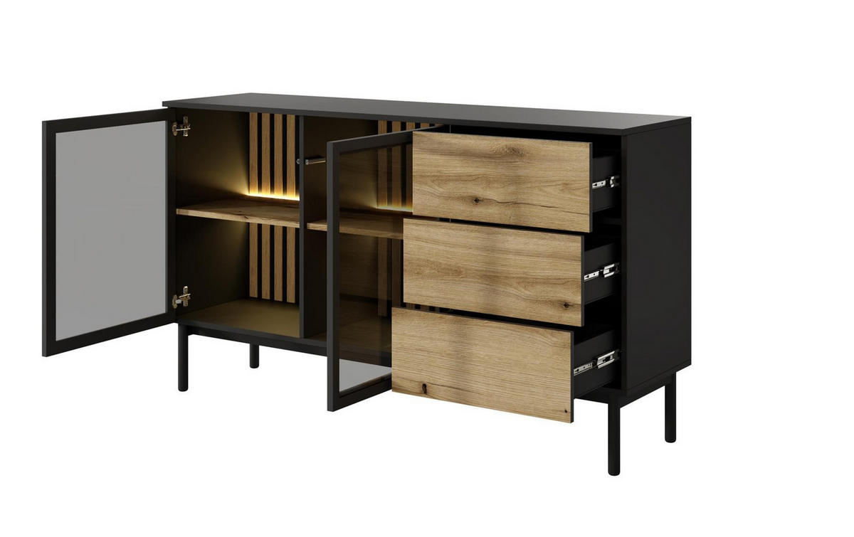 KOMMODE Lango 150 Schwarz mit Eiche Evoke, Kombikommoden mit Led-Beleuchtung - Schwarz, Holzwerkstoff (150/85/39cm) - Bettso