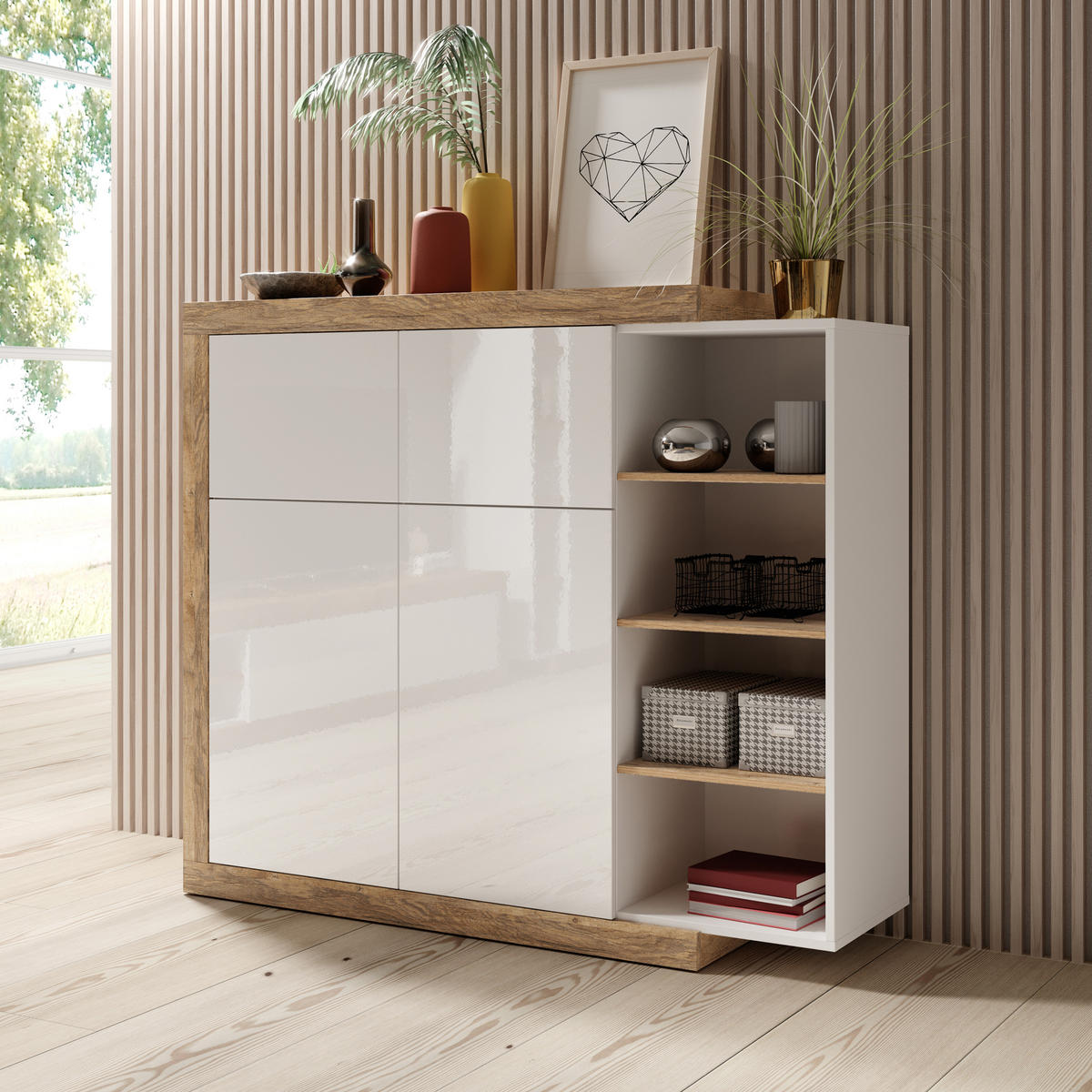 HIGHBOARD SINFONIA 150/128/40 cm mit 2 Türen Eichefarben - Eichefarben/Weiß, Holzwerkstoff (150/128/40cm) - MASSENO