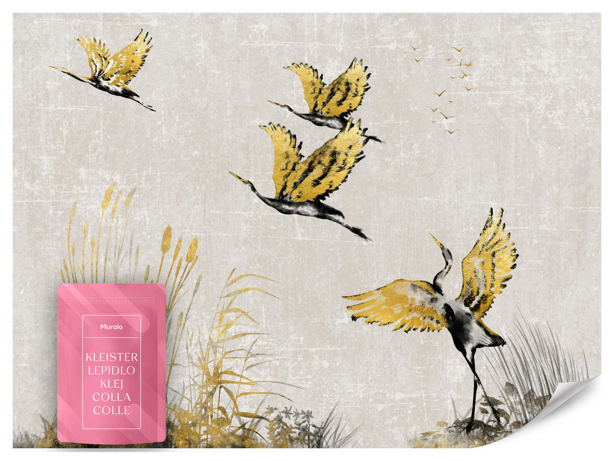 FOTOTAPETE Vögel Pflanzen Beton Abstraktion 150x105 - Gelb/Beige, Papier (150/105cm) - Muralo