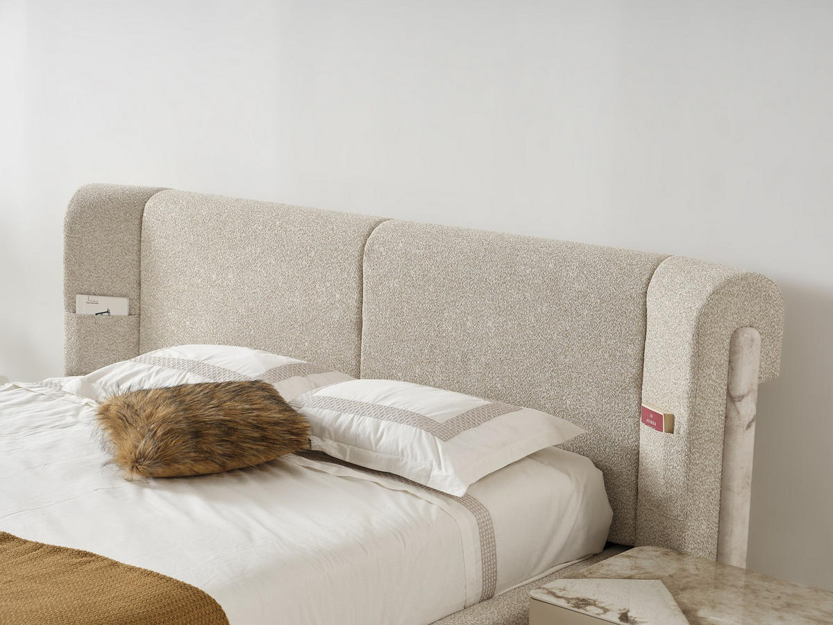 BETTANLAGE SEBASTIAN Schlafzimmer-Set, 4-teilig, Beige, Bett mit Kopfteil, 2 Nachttische und Kommode - Beige, Leder/Holzwerkstoff (160/200cm) - Villa Möbel