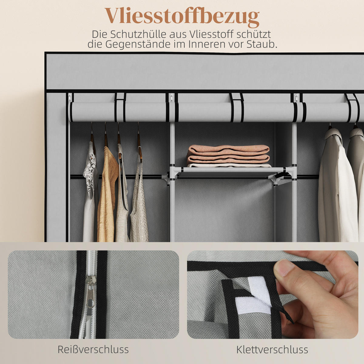 STOFFSCHRANK mit 8 Regalen und 2 Kleiderstangen, faltbarer Kleiderschrank als Aufbewahrungslösung in Grau - Hellgrau, Metall (125/162.5/43cm)