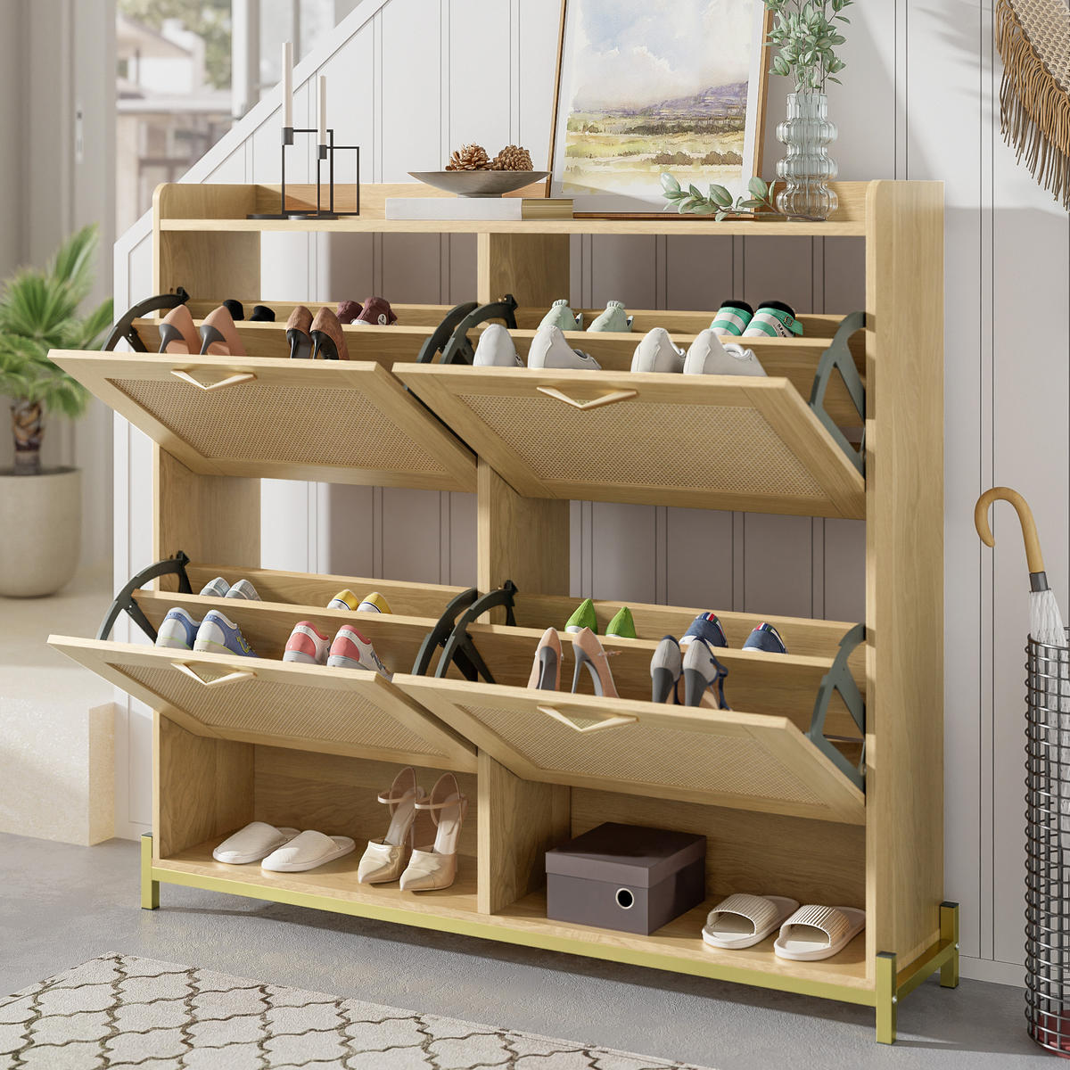 SCHUHSCHRANK in Eichenfarben Schuhkipper mit 4 Rattantüren für Eingangsbereich und Flur, B108.5/T24/H100 cm - Eichefarben/Goldfarben, Holzwerkstoff/Metall (108.5/100/24cm) - STILVORA