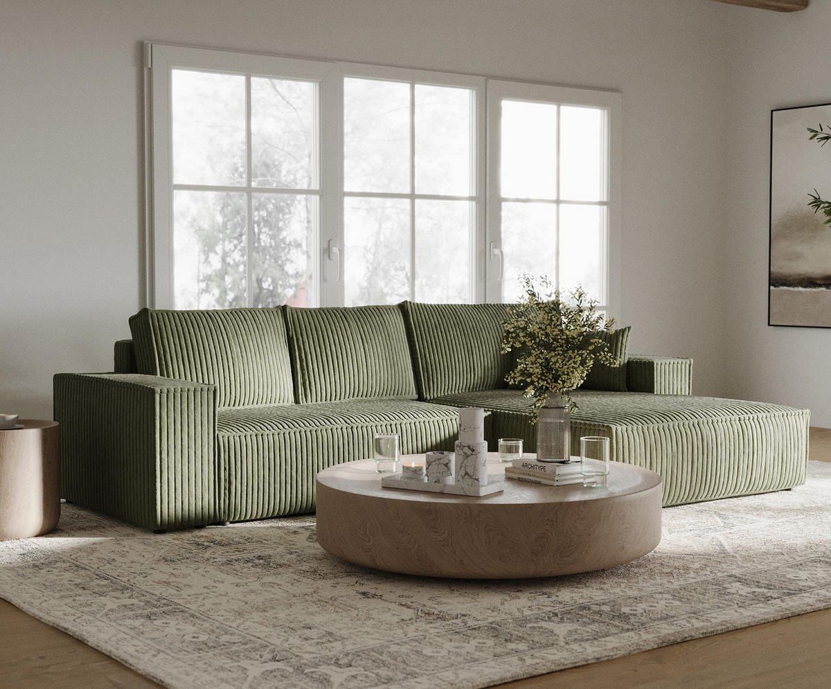 ECKSOFA Maze Grün Plüsch - Rechts Seite - Schwarz/Grün, Holz/Holzwerkstoff (294/185cm) - Maison de Reve