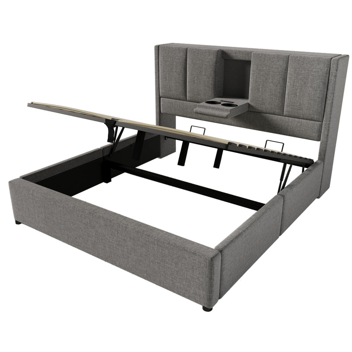 POLSTERBETT 140/200 cm mit verstecktem Becherhalter, USB-Ladestation und hydraulischem Stauraum, Grau - Grau, Textil (140/200cm) - Redom