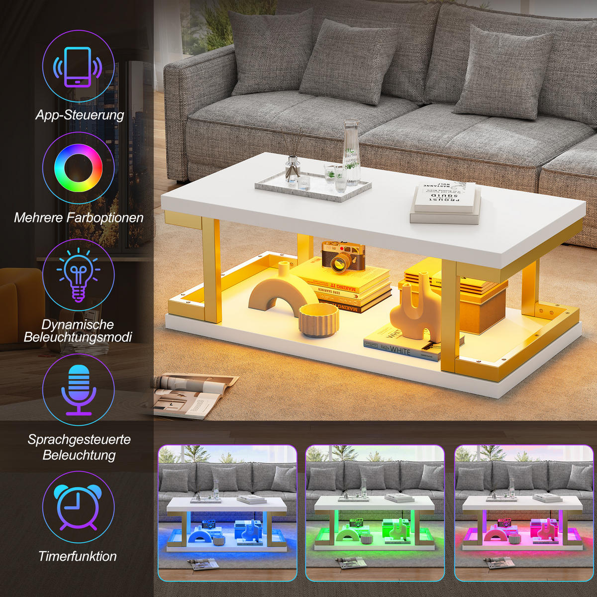 COUCHTISCH in Weiß und Gold mit LED-Beleuchtung für Wohnzimmer und Esszimmer, B100/T50/H37,5 cm - Goldfarben/Weiß, Holzwerkstoff/Metall (50/100/37.5cm) - STILVORA
