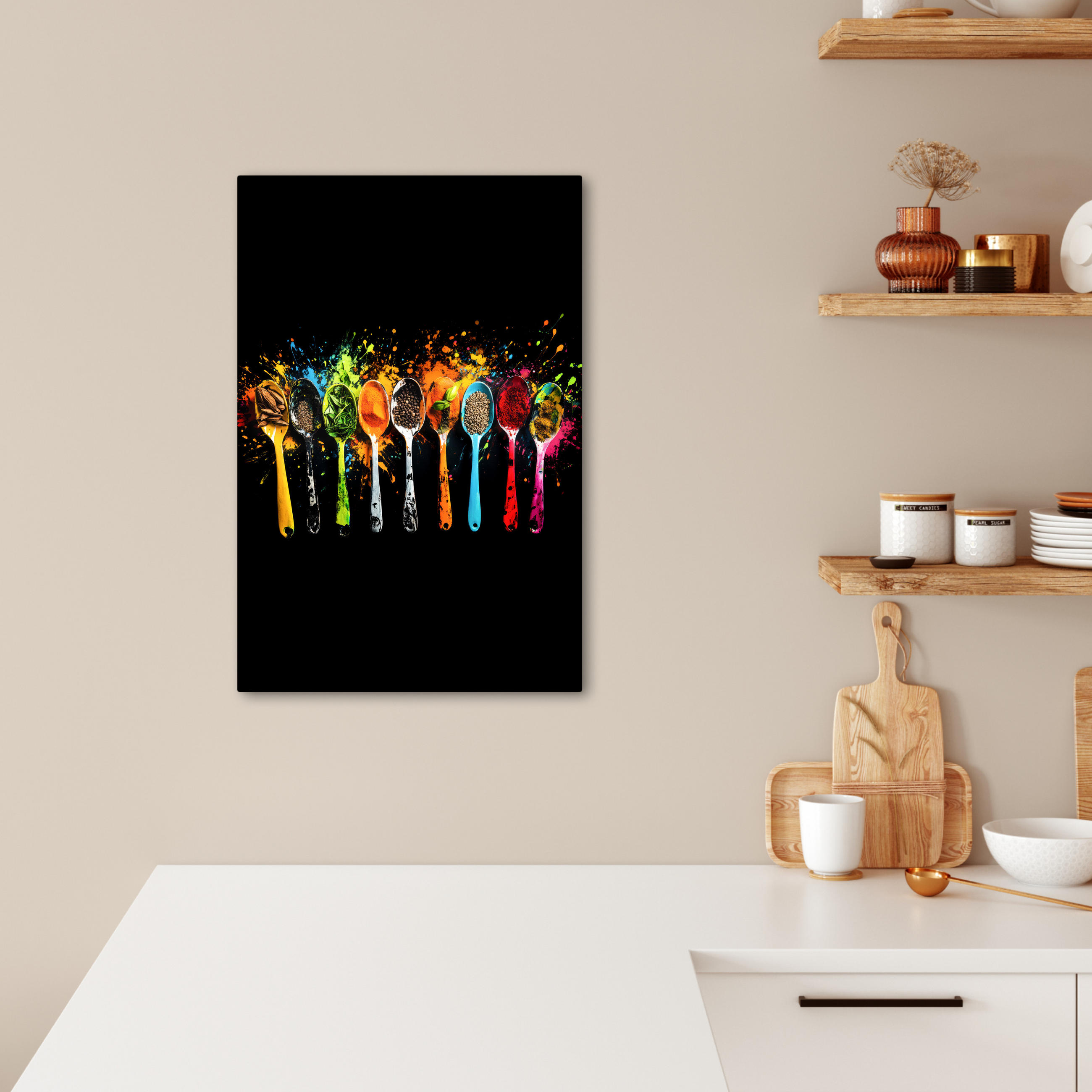 LEINWANDBILD Löffel - Gewürze - Modern - Graffiti - Farbe - Farbenfroh 40x60 cm - Multicolor, Textil (40/60cm) - MuchoWow