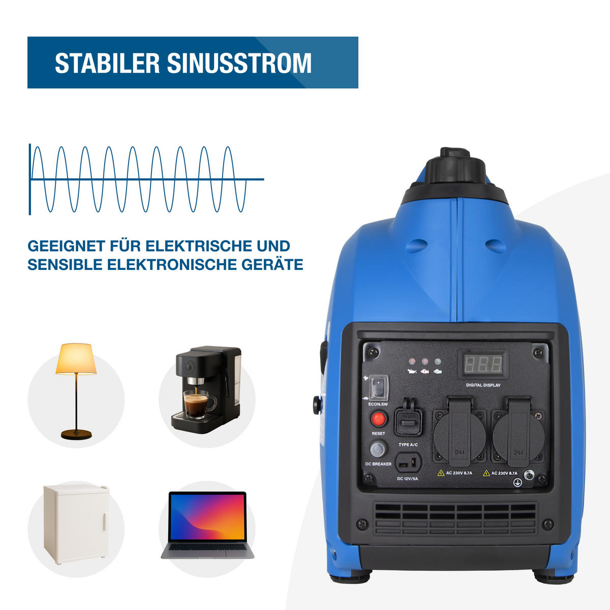 INVERTER-GENERATOR HY2300Si D (2.2 kW, tragbar, 2 x 230V + 1 x 12V, 1 x USB) - Blau, Metall (52/28/45cm) - HYUNDAI