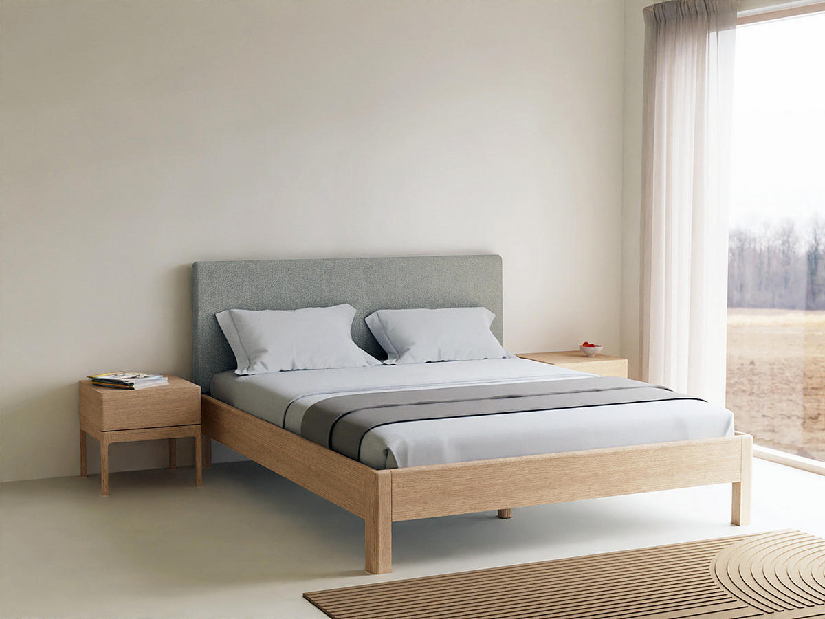 MASSIVHOLZBETT mit Polsterkopfteil - Eiche massiv / Webstoff, Hellgrau - Hellgrau, Textil (160/200cm) - home24