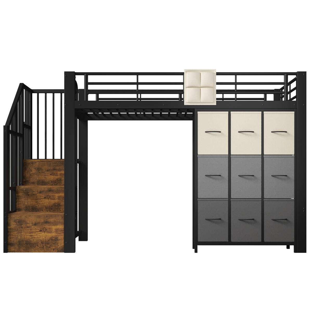 HOCHBETT aus MDF und Metall 90x200 cm Schwarz mit Schubladen, Kleiderstange und Stauraumtreppe - Schwarz, Holzwerkstoff (90/200cm) - Modfu