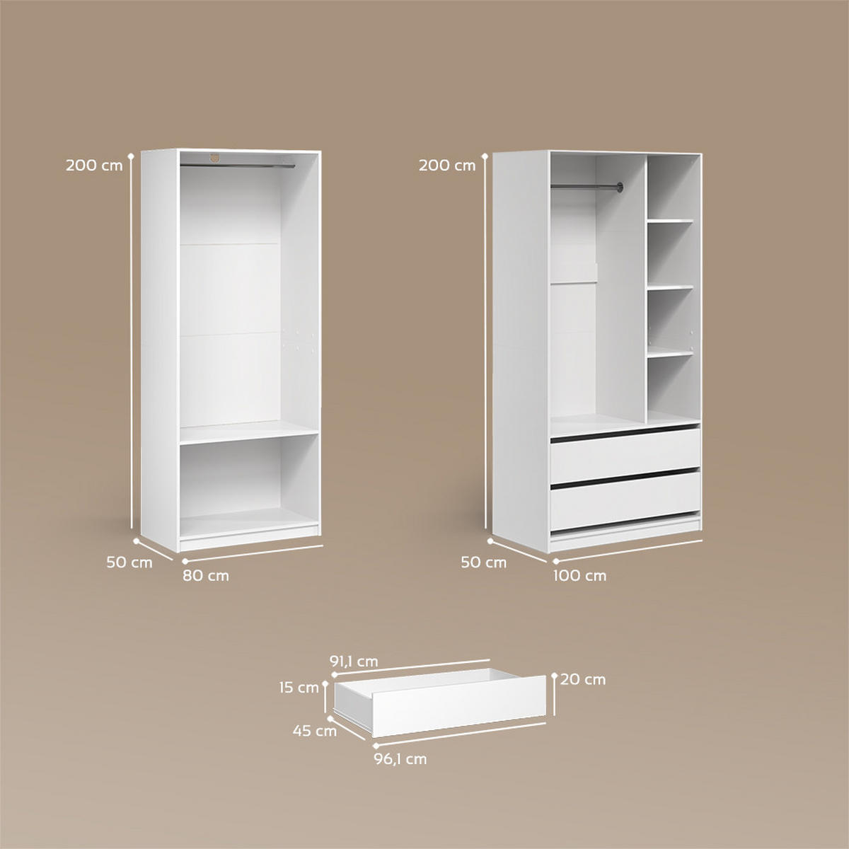 GARDEROBA Trento Bela Komplet 2 - bela, leseni material (100/200/50cm) - Livinity®