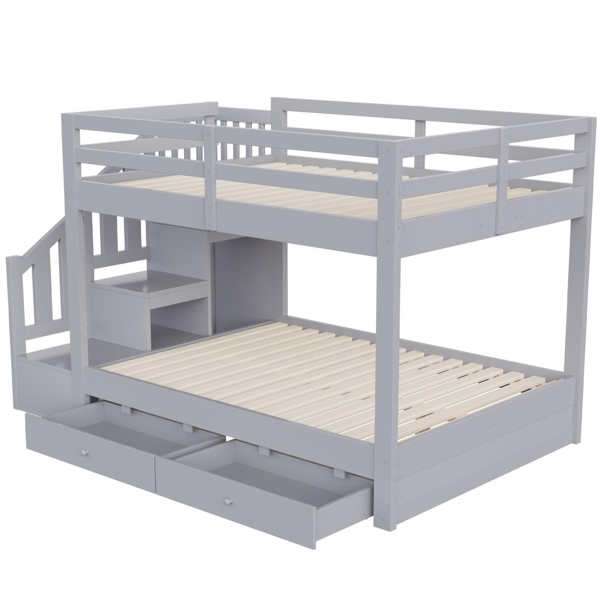 ETAGENBETT aus Kiefernholz 140x200 cm Grau mit Stauraumtreppe und 2 Schubladen - Grau, Holz (140/200cm) - Modfu