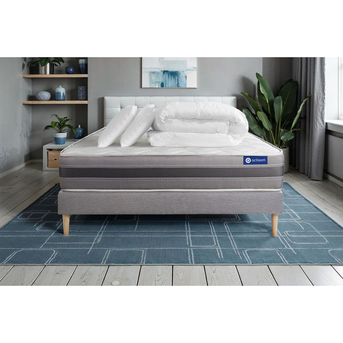 BETT Actiflex relax Taschenfederkern und Memory-Schaum 180 x 200 cm h1 - Kit Bettgestell Grau - Mit Kissen und Bettdecke - Beige/Grau, Karton/Holz (180/200cm) - ACTISOM