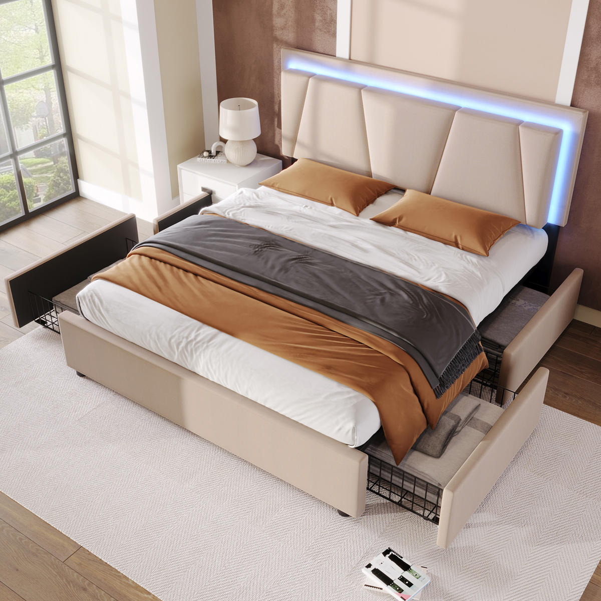 POLSTERBETT 160/200 cm beige mit LED-Beleuchtung und 4 Schubladen, höhenverstellbarem Kopfteil - Beige, Holz (160/200cm) - OKWISH