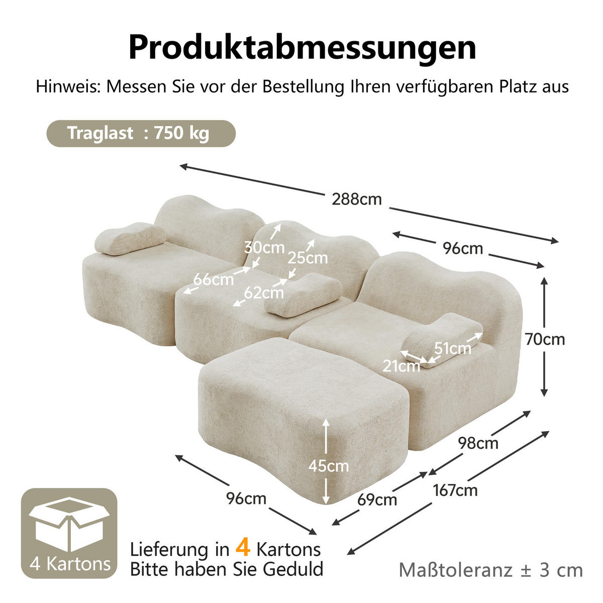 ECKSOFA 288/167/70 cm in Beige aus Samt, modular und mit Ottomane - Beige, Textil (167/288cm) - Flora Grace