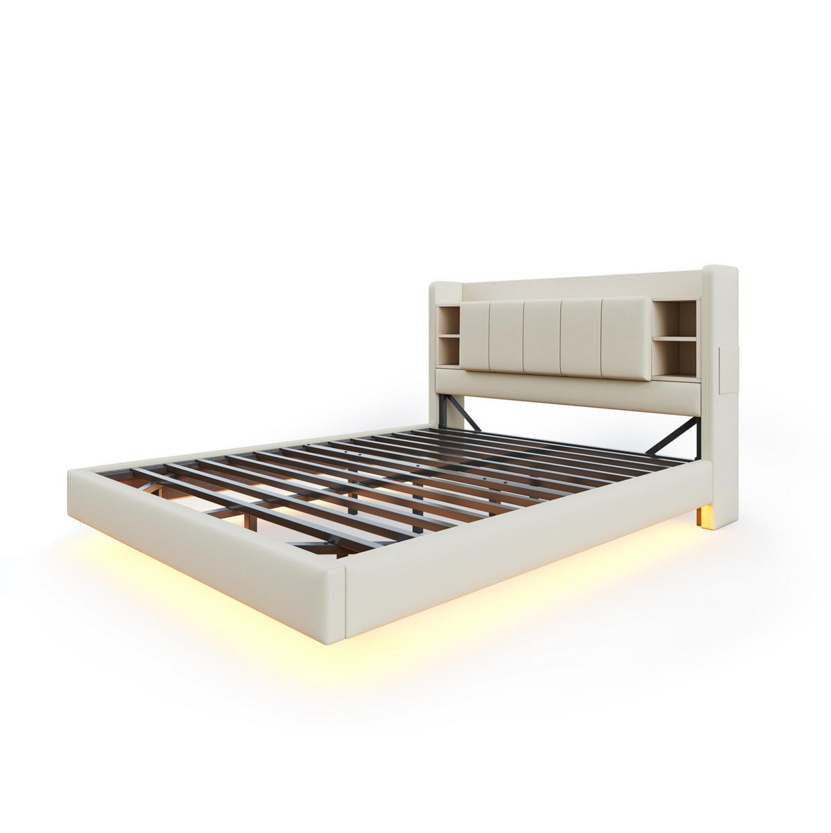 ČALÚNENÁ posteľ 160/200 cm s LED osvetlením, USB portom a úložným čelom, z ľanovej látky, Béžová - béžová, textil (160/200cm) - Redom