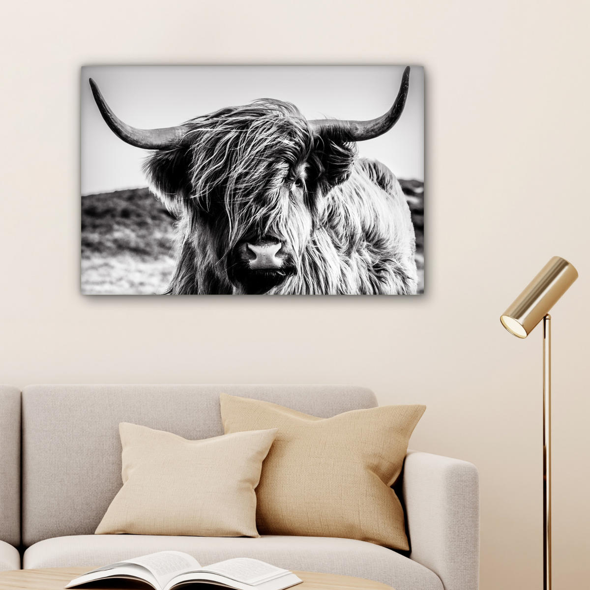 LEINWANDBILD Kuh - Schottischer Hochländer - Schwarz - Weiß - Tier - Natur - Wildtiere Wanddeko 90x60 cm - Schwarz, Textil (90/60cm) - MuchoWow