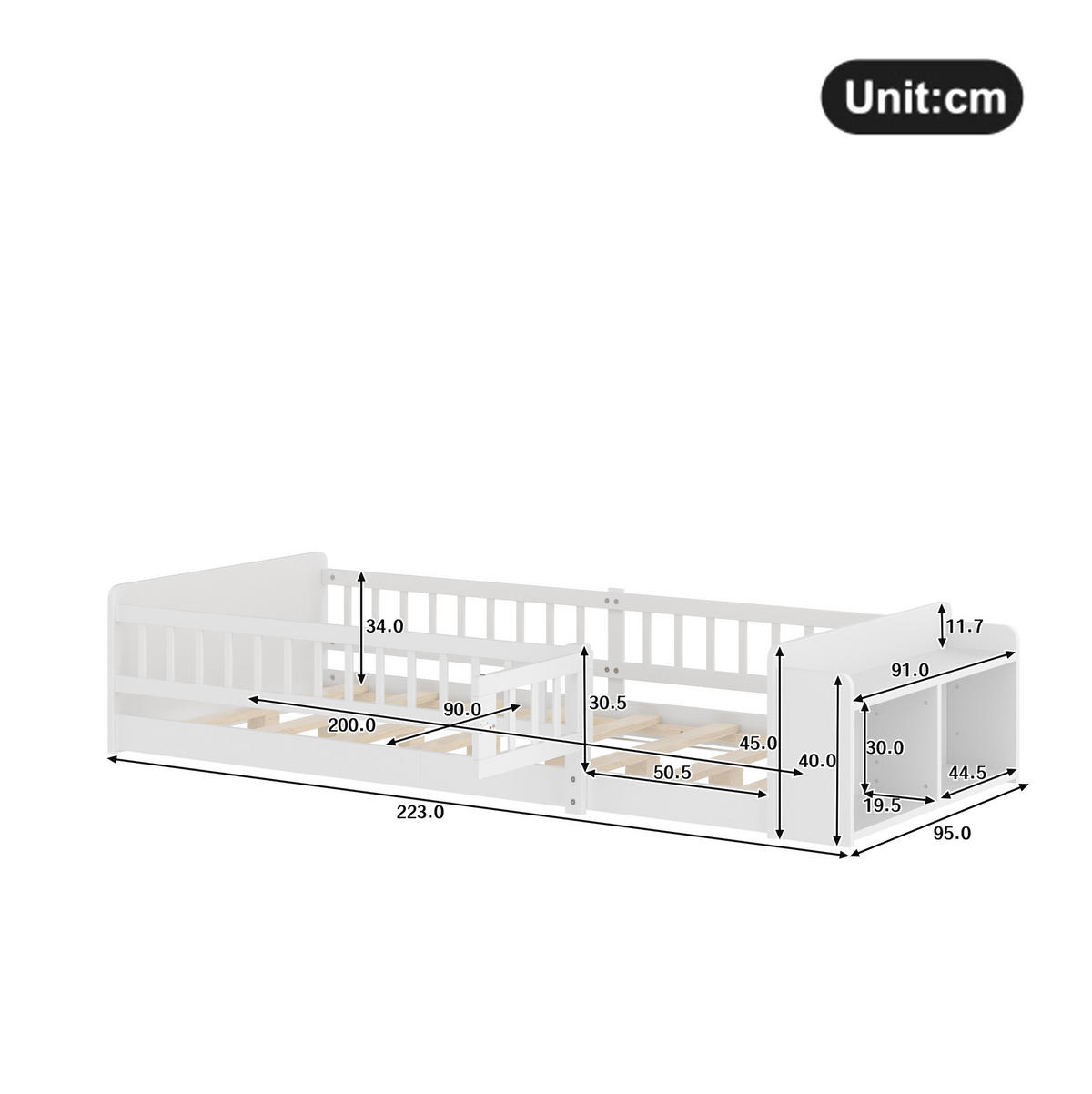 KINDERBETT aus Kiefer 90x200 cm Weiß mit offenem Stauraum, Regalen und zu öffnender Zauntür - Weiß, Holzwerkstoff (90/200cm) - Modfu