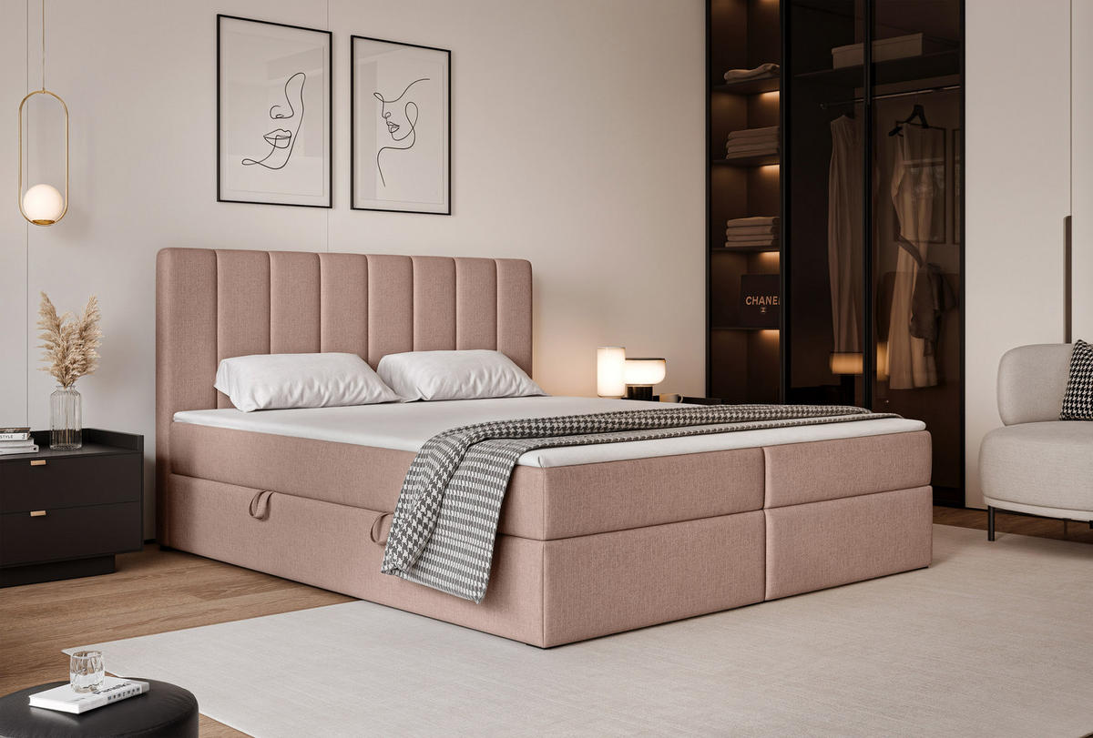 BOXBETT LEO 180/200 cm mit Matratze und Topper, Zartrosa - Hellrosa/Schwarz, Holzwerkstoff/Kunststoff (180/200cm) - Idohome