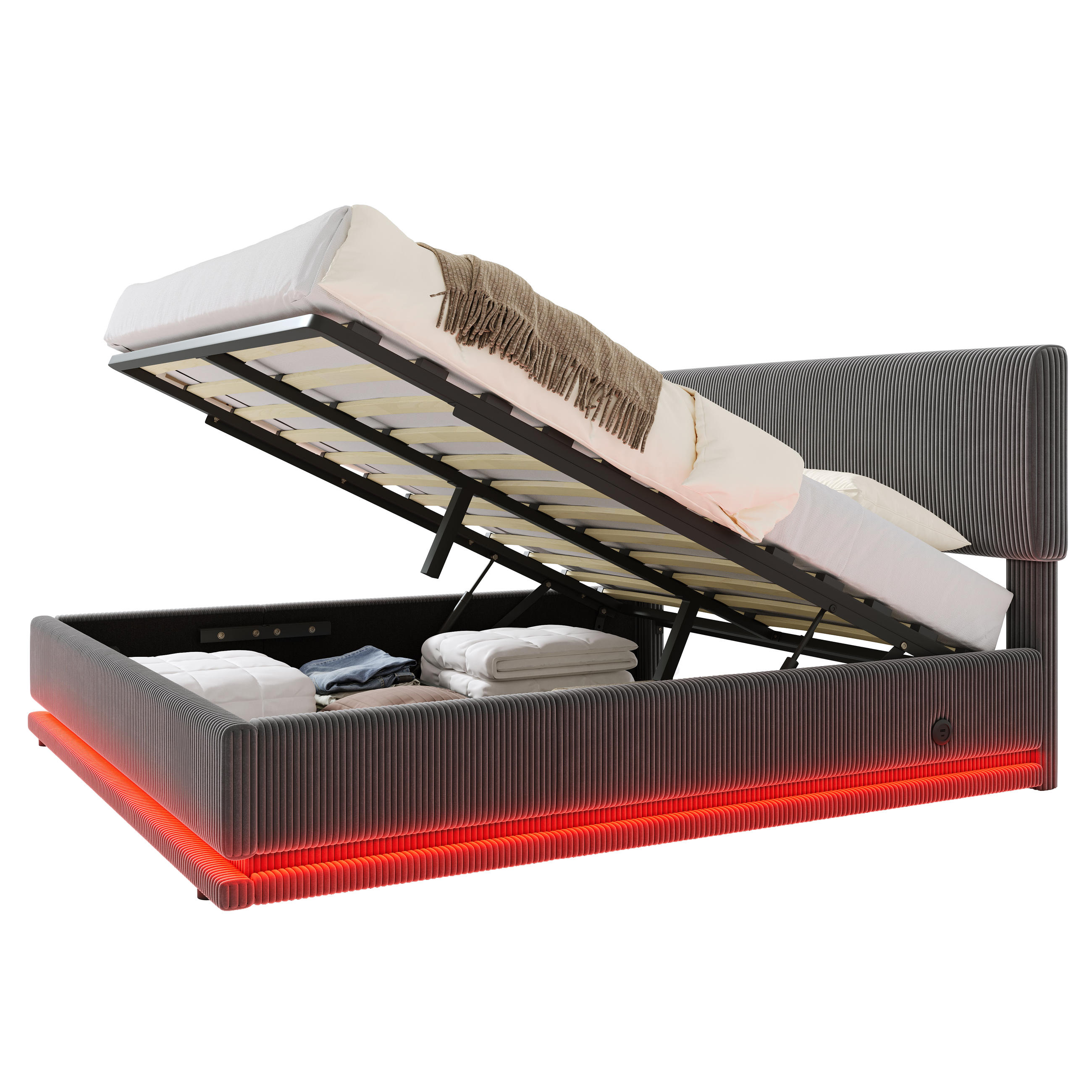 POLSTERBETT 160x200 cm LED USB Stauraum grau - Dunkelgrau, Textil (160/200cm) - LEBENLANG